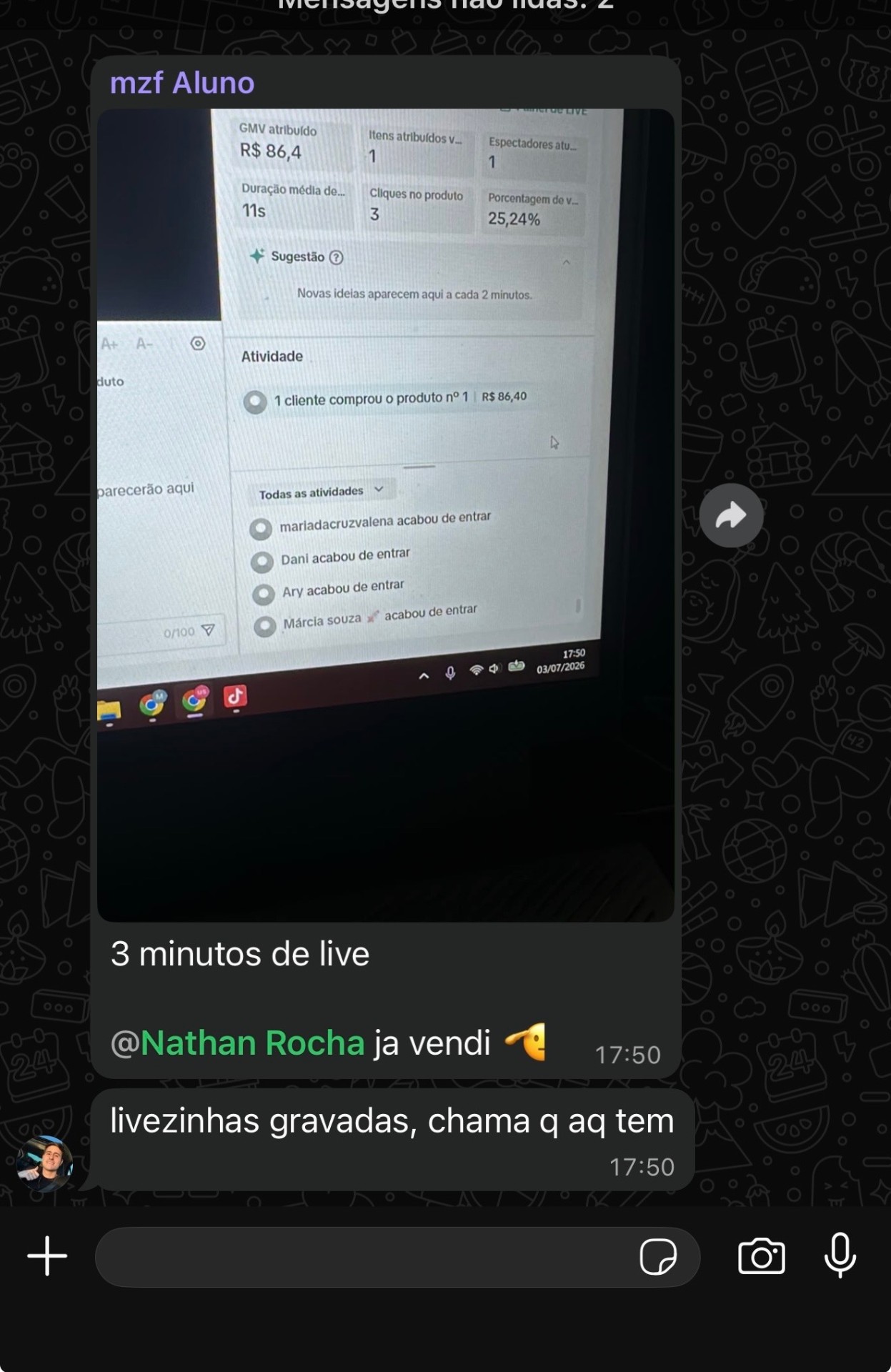Aluno vendendo em 3 min com livezinhas gravadas